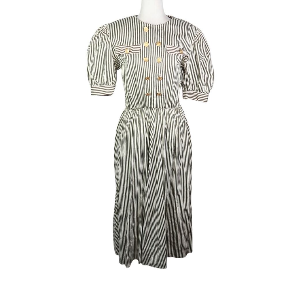 Vintage 80s Donna Morgan Green and Cream Stripe Midi Dress Puff Sleeve